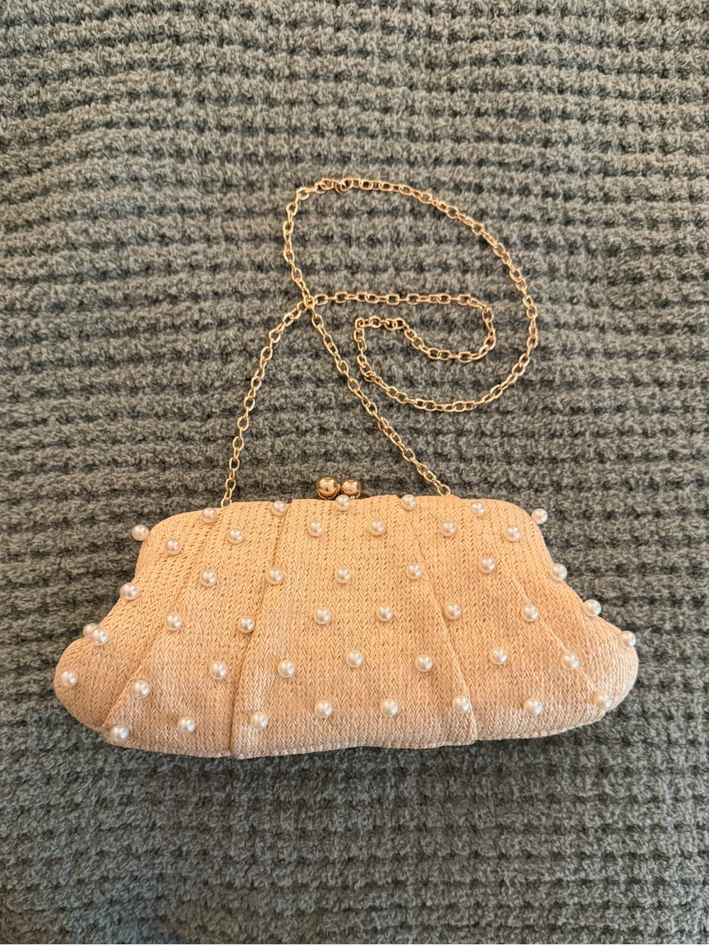 Pearl-Embellished Beige Clutch Handbag